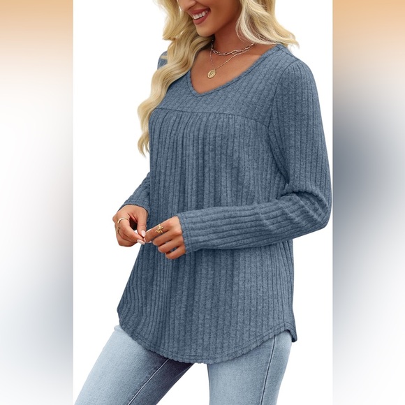 WIHOLL Long Sleeve Shirts V Neck Lightweight Sweaters Casual Tunic Tops Fashion - Picture 4 of 11